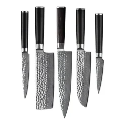 Shinrai Knives - Hammered Damast BR 5-delige Messenset + Magnetisch Messenblok Dubbelzijdig - Zwart