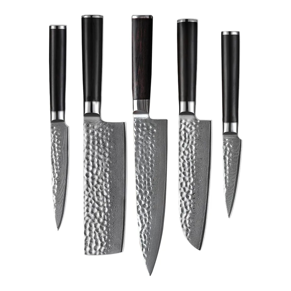 Shinrai Knives - Hammered Damast BR 5-delige Messenset + Magnetisch Messenblok Dubbelzijdig - Zwart
