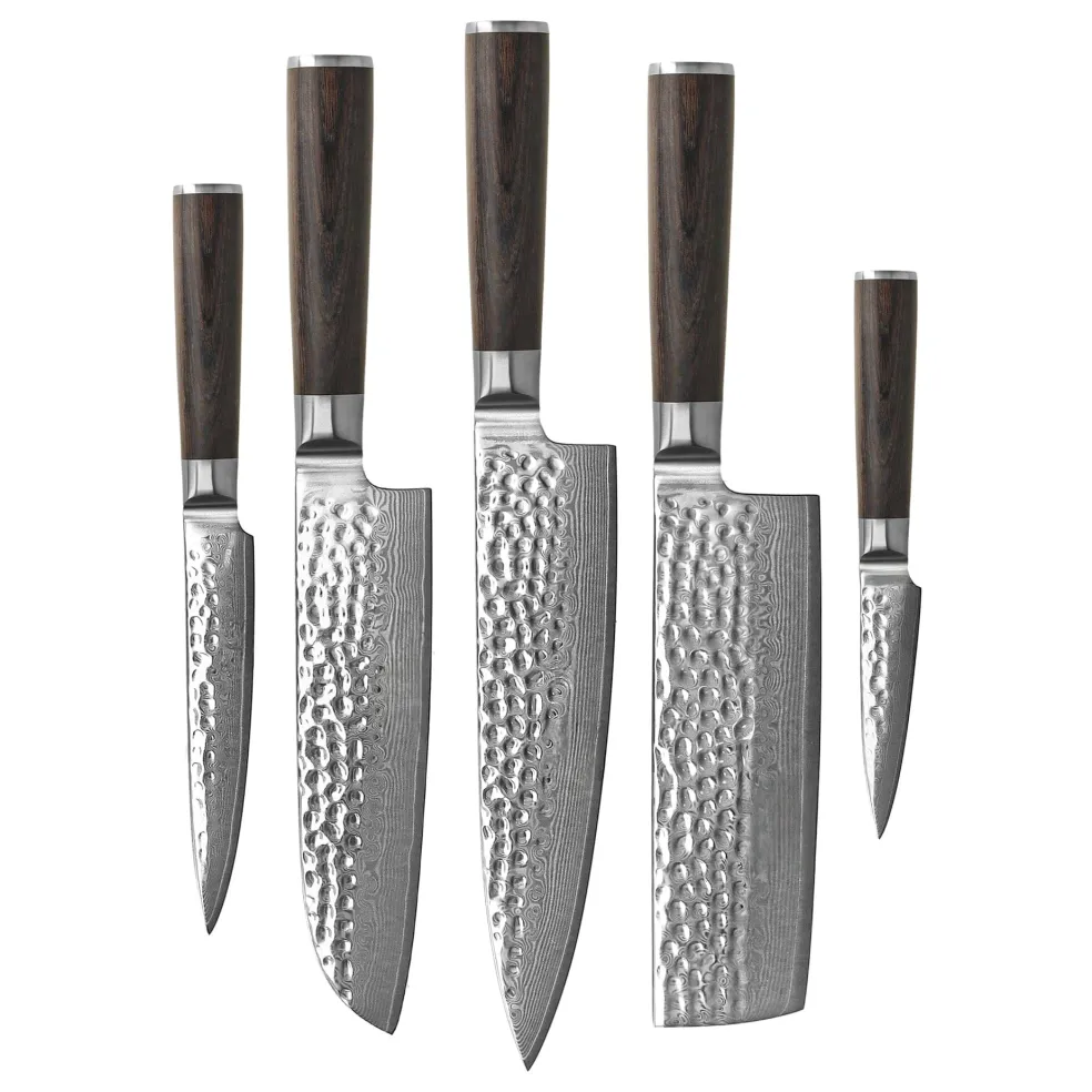 Shinrai Knives - Hammered Damast BR 5-delige Messenset + Messenblok + Slijpsteen