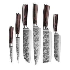 Shinrai Knives - Hammered RVS 6-delige Messenset + Magnetisch Messenblok Scalae - Acacia hout