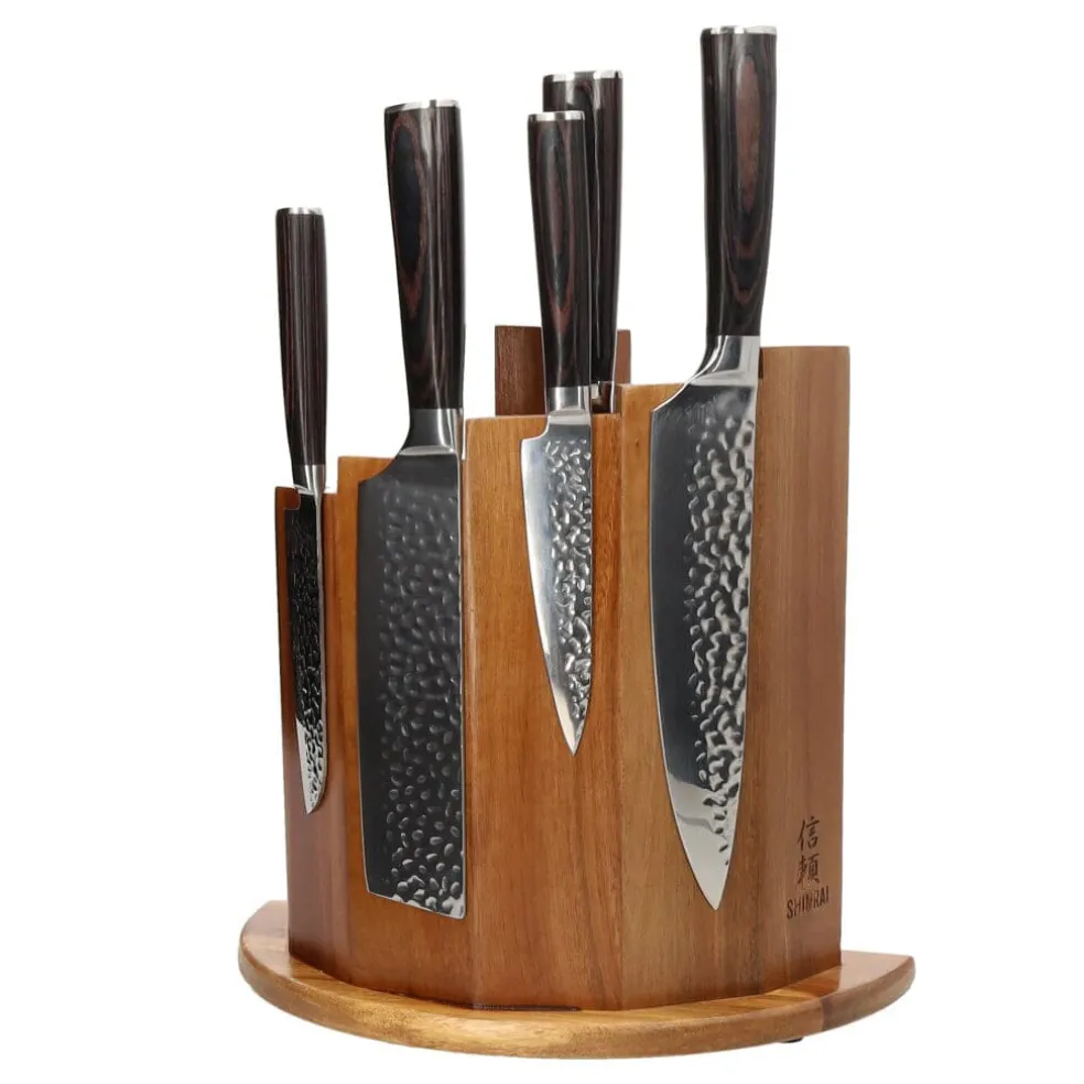 Shinrai Knives - Hammered RVS 6-delige Messenset + Magnetisch Messenblok Scalae - Acacia hout