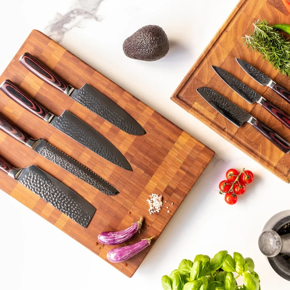 Shinrai Knives - Hammered RVS 6-delige Messenset + Magnetisch Messenblok Scalae - Acacia hout