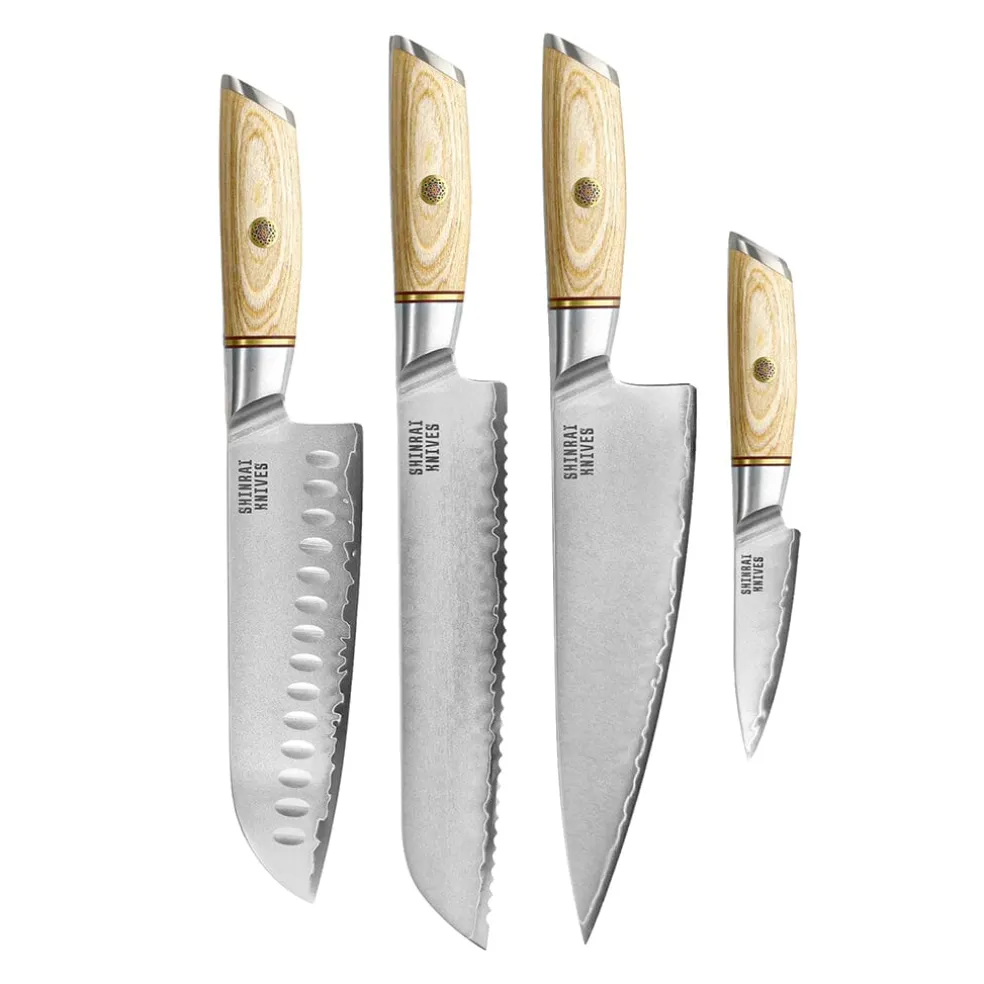 Shinrai Knives - Hikari Damascus 4-delige set - Koksmes + Santoku + Broodmes + Schilmes