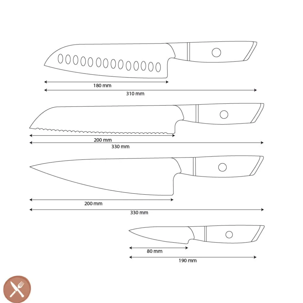 Shinrai Knives - Hikari Damascus 4-delige set - Koksmes + Santoku + Broodmes + Schilmes