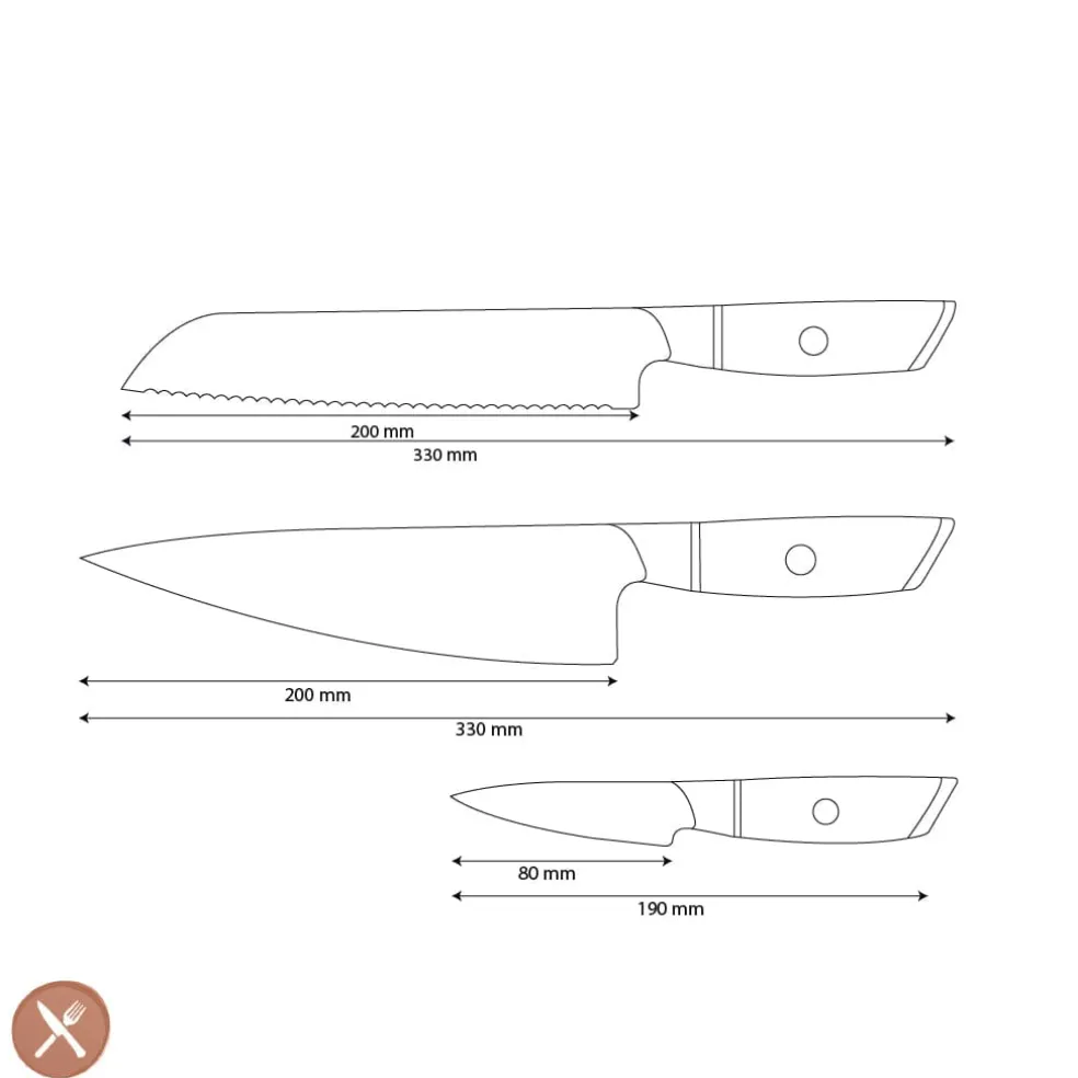Shinrai Knives - Hikari Damascus 3-delige set - Koksmes + Broodmes + Schilmes