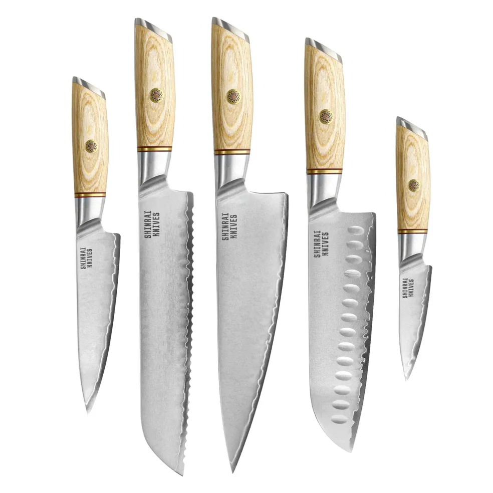 Shinrai Knives - Hikari Damascus 5-delige messenset + Messenblok Robur