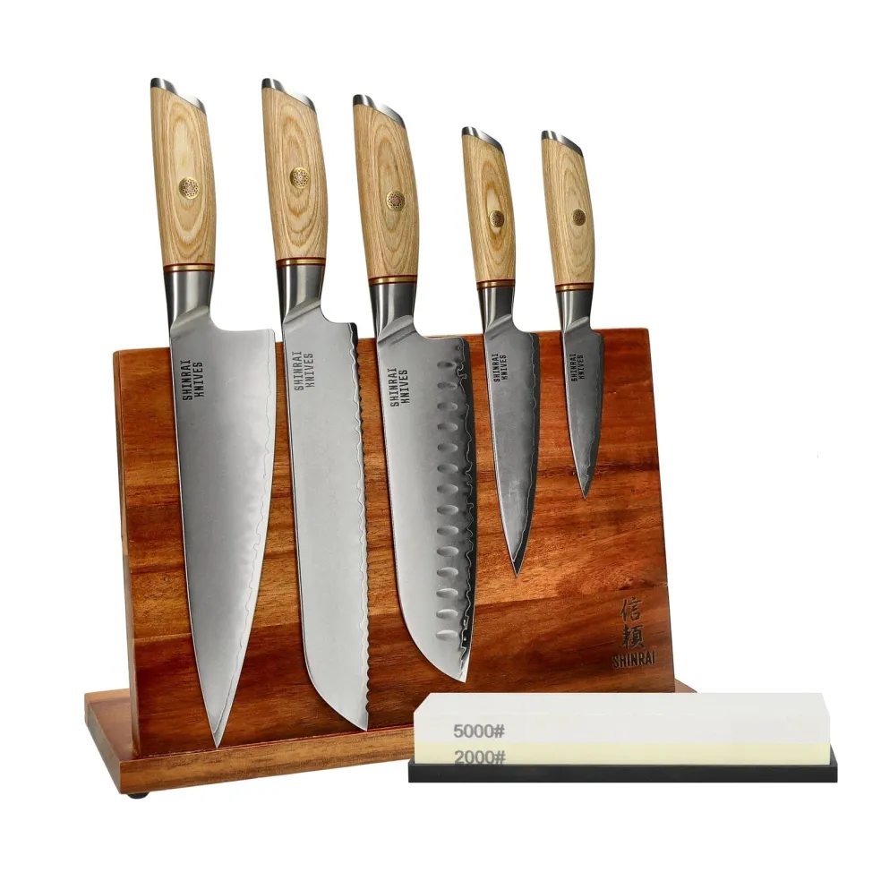Shinrai Knives - Hikari Damascus 5-delige messenset + Messenblok + Slijpsteen