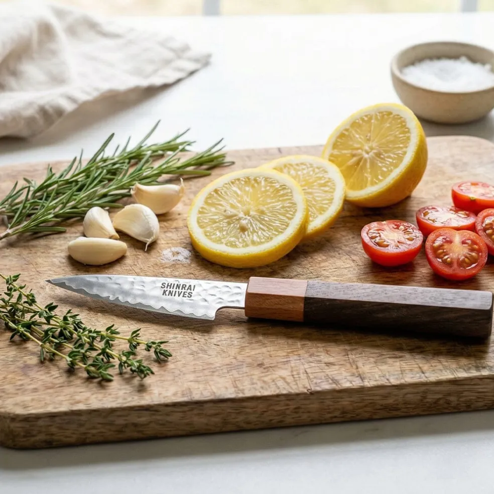 Shinrai Knives - Kigami Exclusive Damascus 3-delige set - Koksmes + Santoku + Schilmes