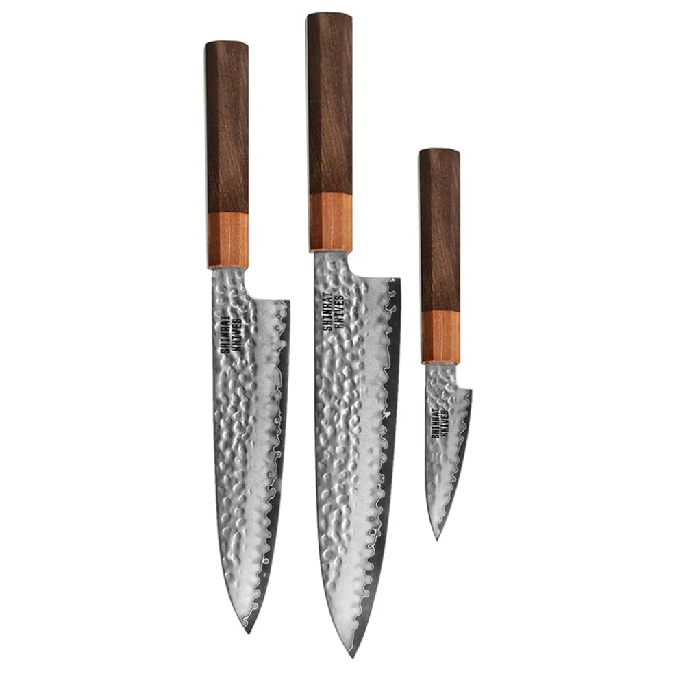 Shinrai Knives - Kigami Exclusive Damascus 3-delige set - Koksmes + Santoku + Schilmes