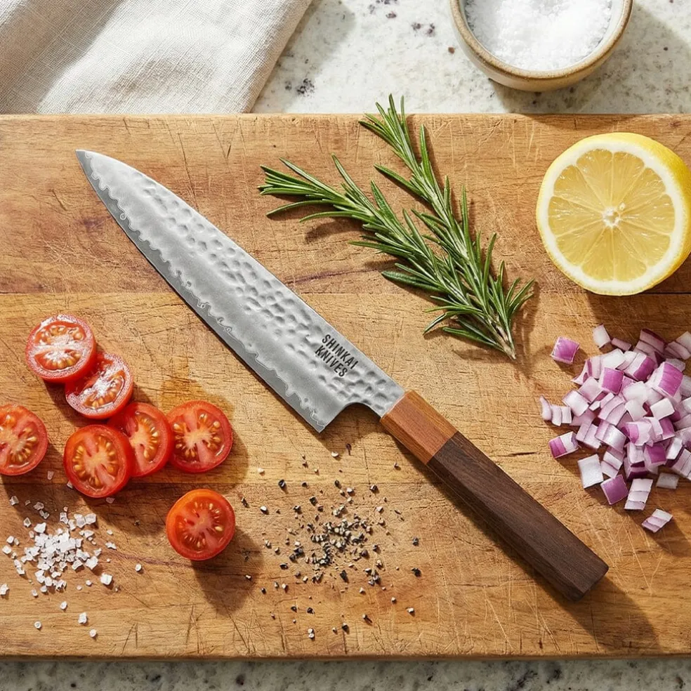Shinrai Knives - Kigami Exclusive Damascus 3-delige set - Koksmes + Santoku + Schilmes