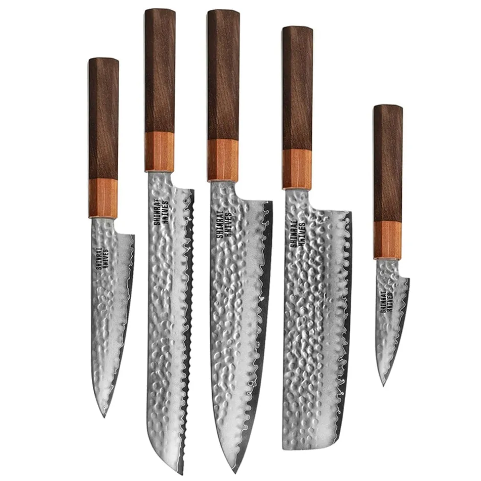Shinrai Knives - Kigami Exclusive Damascus 5-delige set - Koksmes + Broodmes + Nakiri + Officemes + Schilmes