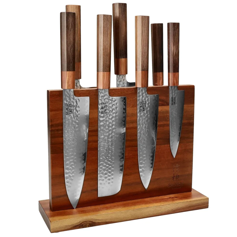 Shinrai Knives - Kigami Exclusive Damascus 7-delige messenset + Messenblok Dubbelzijdig