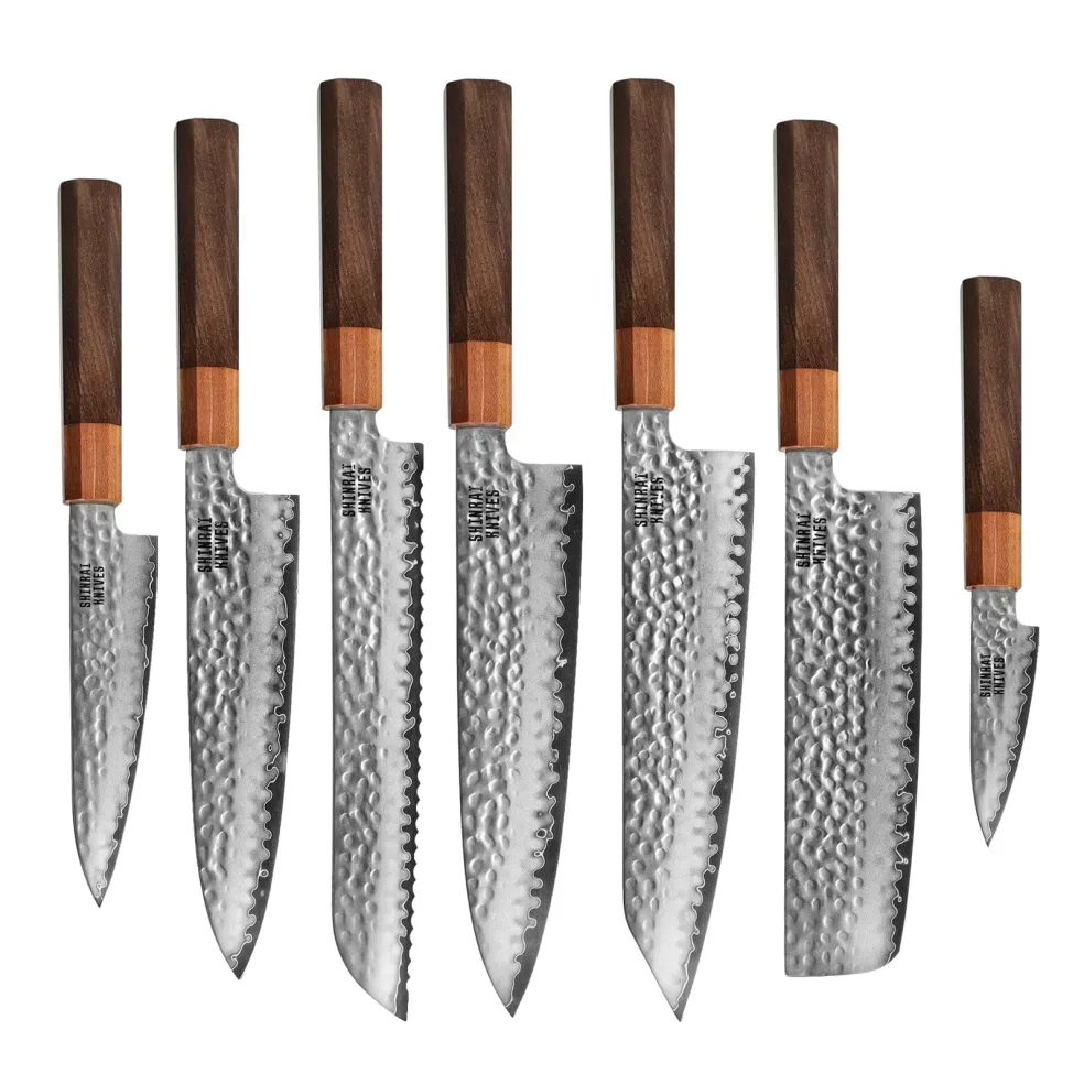 Shinrai Knives - Kigami Exclusive Damascus 7-delige messenset + Messenblok Dubbelzijdig