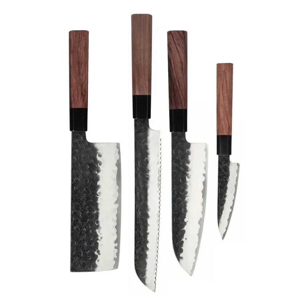 Shinrai Knives - Kurayami 4-delige Damascus Messenset - Santoku + Broodmes + Nakiri + Schilmes