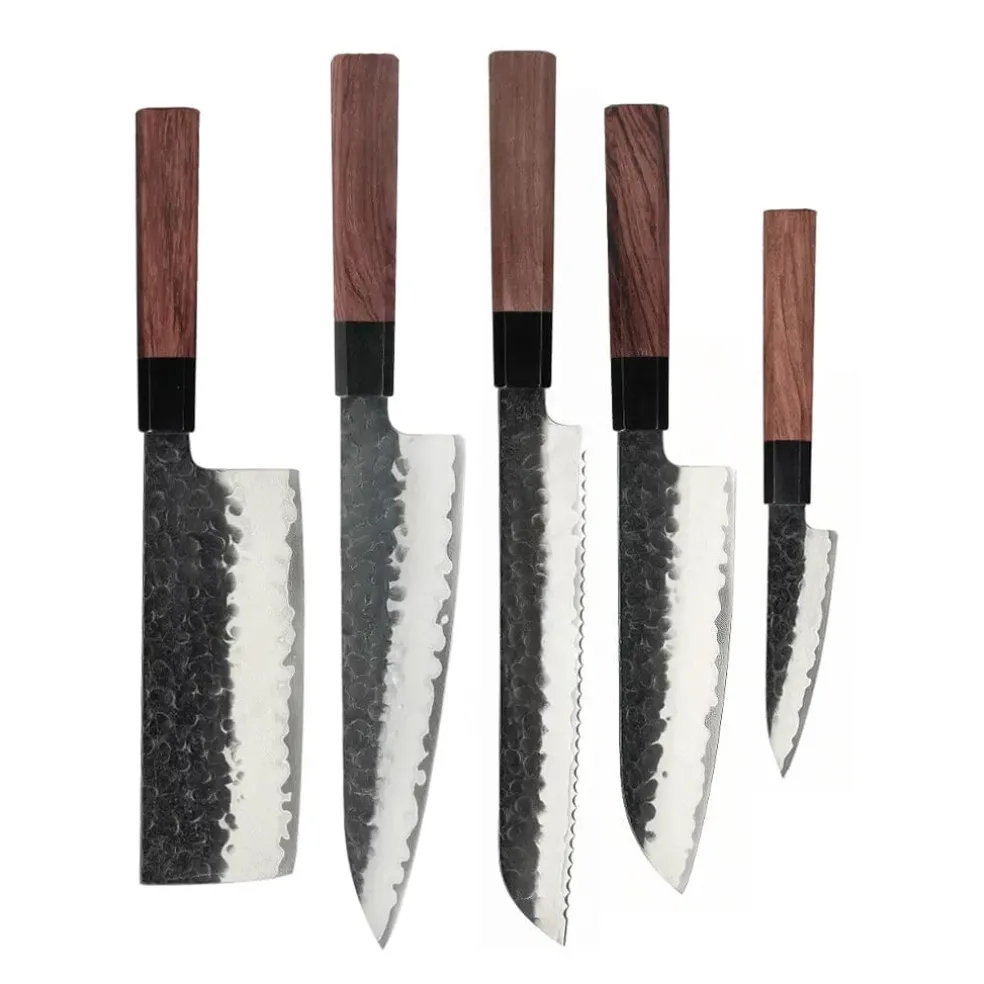 Shinrai Knives - Kurayami 5-delige Damascus Messenset - Koksmes + Broodmes + Nakiri + Santoku + Schilmes