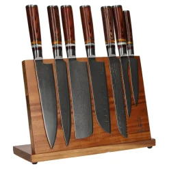 Shinrai Knives - Micarta Jewels 7-delige Damascus Messenset + Magnetisch Messenblok Enkelzijdig