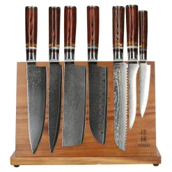 Shinrai Knives - Micarta Jewels 7-delige Damascus Messenset + Magnetisch Messenblok Enkelzijdig