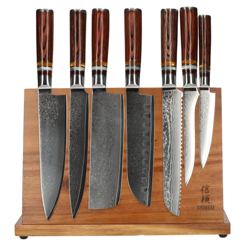 Shinrai Knives - Micarta Jewels 7-delige Damascus Messenset + Magnetisch Messenblok Enkelzijdig