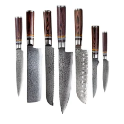 Shinrai Knives - Micarta Jewels 7-delige Damascus Messenset + Magnetisch Messenblok Enkelzijdig