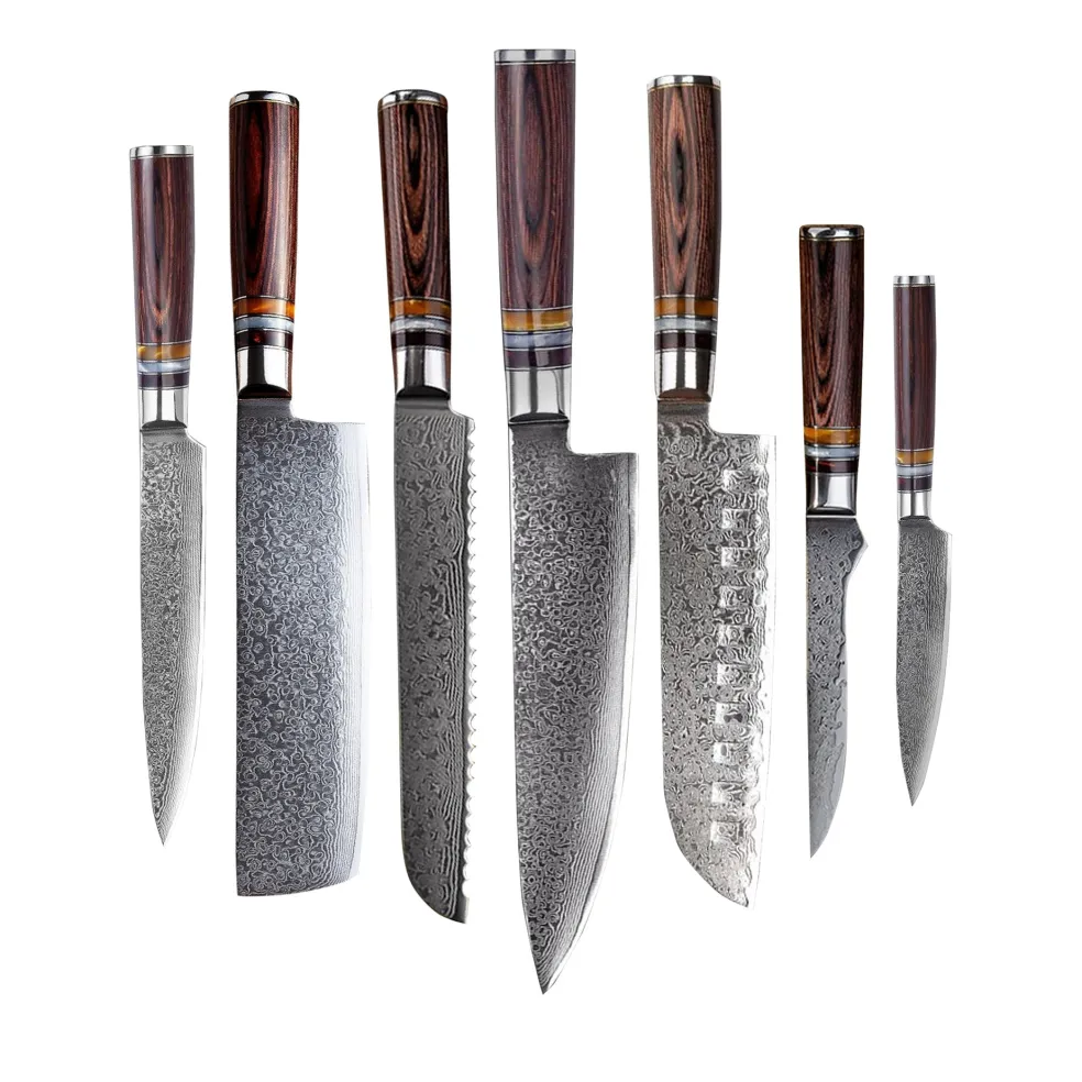 Shinrai Knives - Micarta Jewels 7-delige Damascus Messenset + Magnetisch Messenblok Enkelzijdig