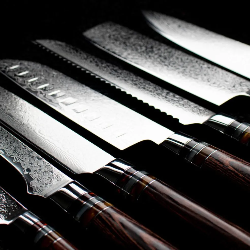 Shinrai Knives - Micarta Jewels 7-delige Damascus Messenset + Magnetisch Messenblok Dubbelzijdig