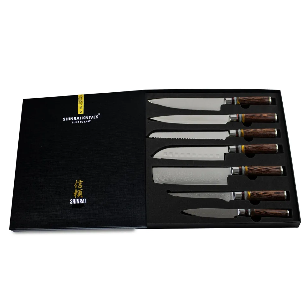 Shinrai Knives - Micarta Jewels 7-delige Damascus Messenset + Magnetisch Messenblok Dubbelzijdig