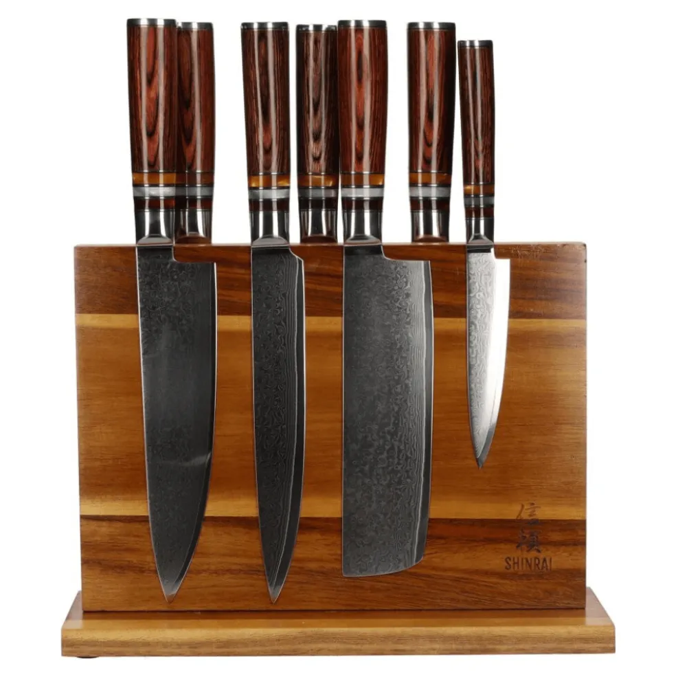 Shinrai Knives - Micarta Jewels 7-delige Damascus Messenset + Magnetisch Messenblok Dubbelzijdig