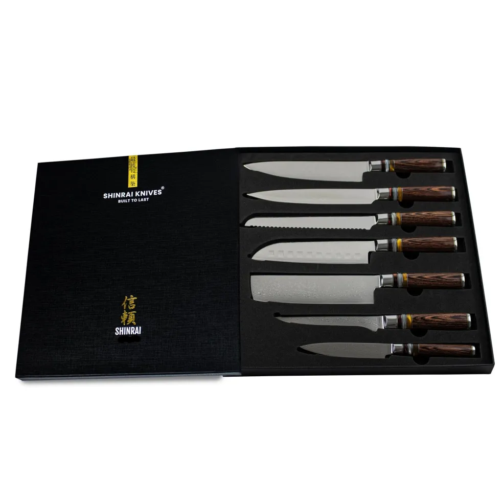 Shinrai Knives - Micarta Jewels 7-delige Damascus Messenset + Magnetisch Messenblok Dubbelzijdig - Zwart
