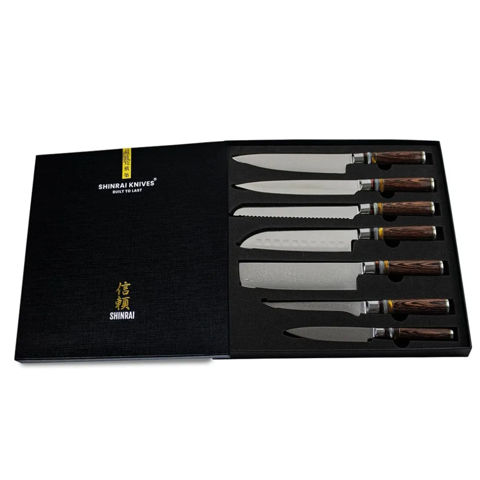 Shinrai Knives - Micarta Jewels 7-delige Damascus Messenset + Magnetisch Messenblok Scalae - Acacia hout