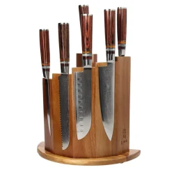 Shinrai Knives - Micarta Jewels 7-delige Damascus Messenset + Magnetisch Messenblok Scalae - Acacia hout