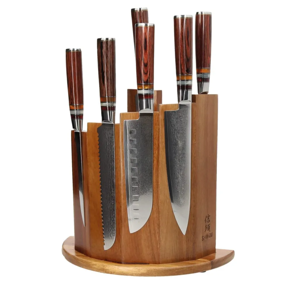 Shinrai Knives - Micarta Jewels 7-delige Damascus Messenset + Magnetisch Messenblok Scalae - Acacia hout