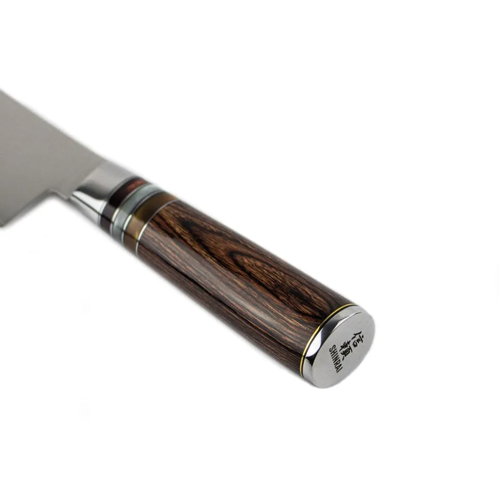 Shinrai Knives - Micarta Jewels 7-delige Damascus Messenset + Magnetisch Messenblok Scalae - Acacia hout