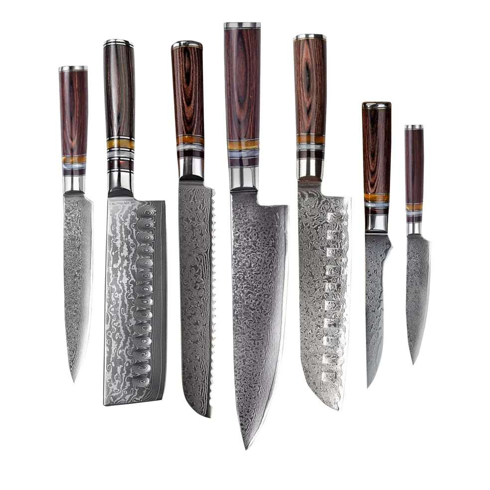 Shinrai Knives - Micarta Jewels 7-delige Damascus Messenset + Magnetisch Messenblok Scalae - Acacia hout