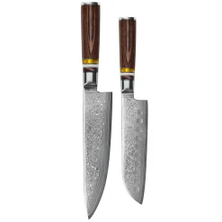 Shinrai Knives - Micarta Jewels 2-delige Damascus Messenset - Koksmes + Santoku