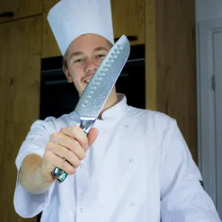 Shinrai Knives - Parelmoer Jewels Damascus Santoku mes 18 cm