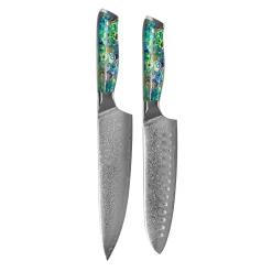 Shinrai Knives - Parelmoer Jewels 2-delige Damascus Messenset - Koksmes + Santoku mes