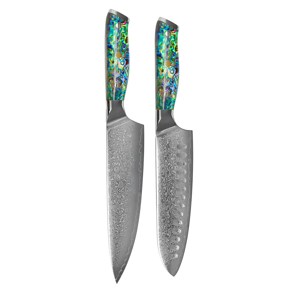 Shinrai Knives - Parelmoer Jewels 2-delige Damascus Messenset - Koksmes + Santoku mes