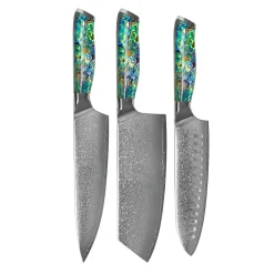 Shinrai Knives - Parelmoer Jewels 3-delige Damascus Messenset - Koksmes + Nakiri + Santoku