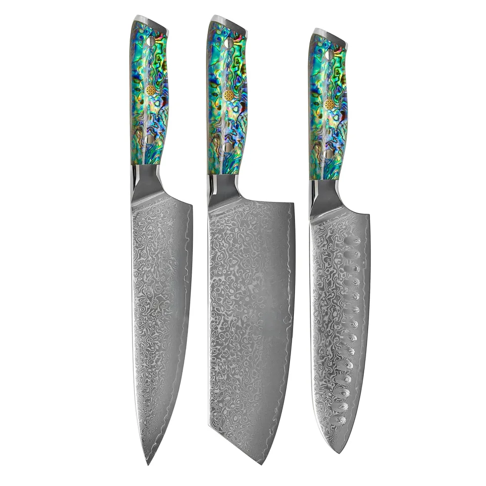 Shinrai Knives - Parelmoer Jewels 3-delige Damascus Messenset - Koksmes + Nakiri + Santoku