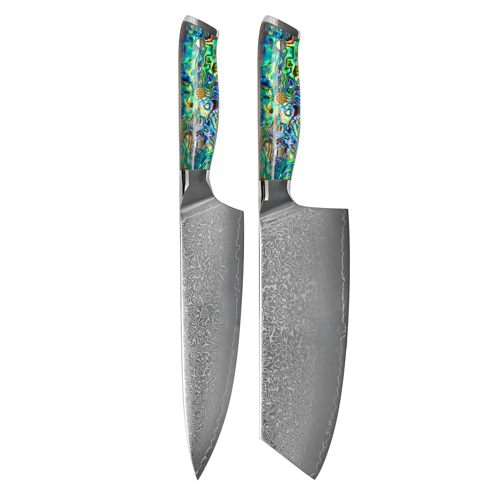 Shinrai Knives - Parelmoer Jewels 2-delige Damascus Messenset - Koksmes + Nakiri