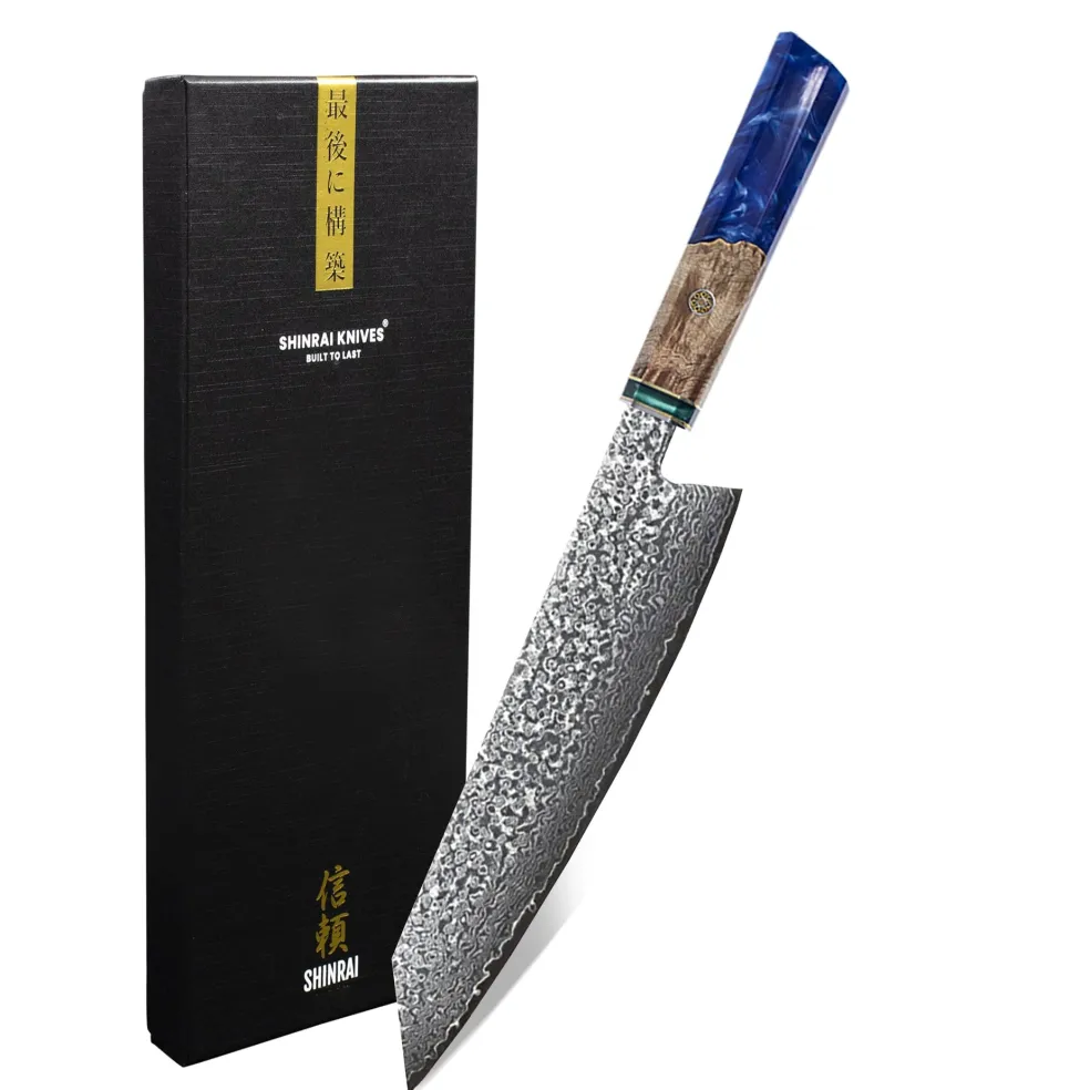 Shinrai Knives - Sapphire Octagon Damascus Kiritsuke 23 cm - Special Edition