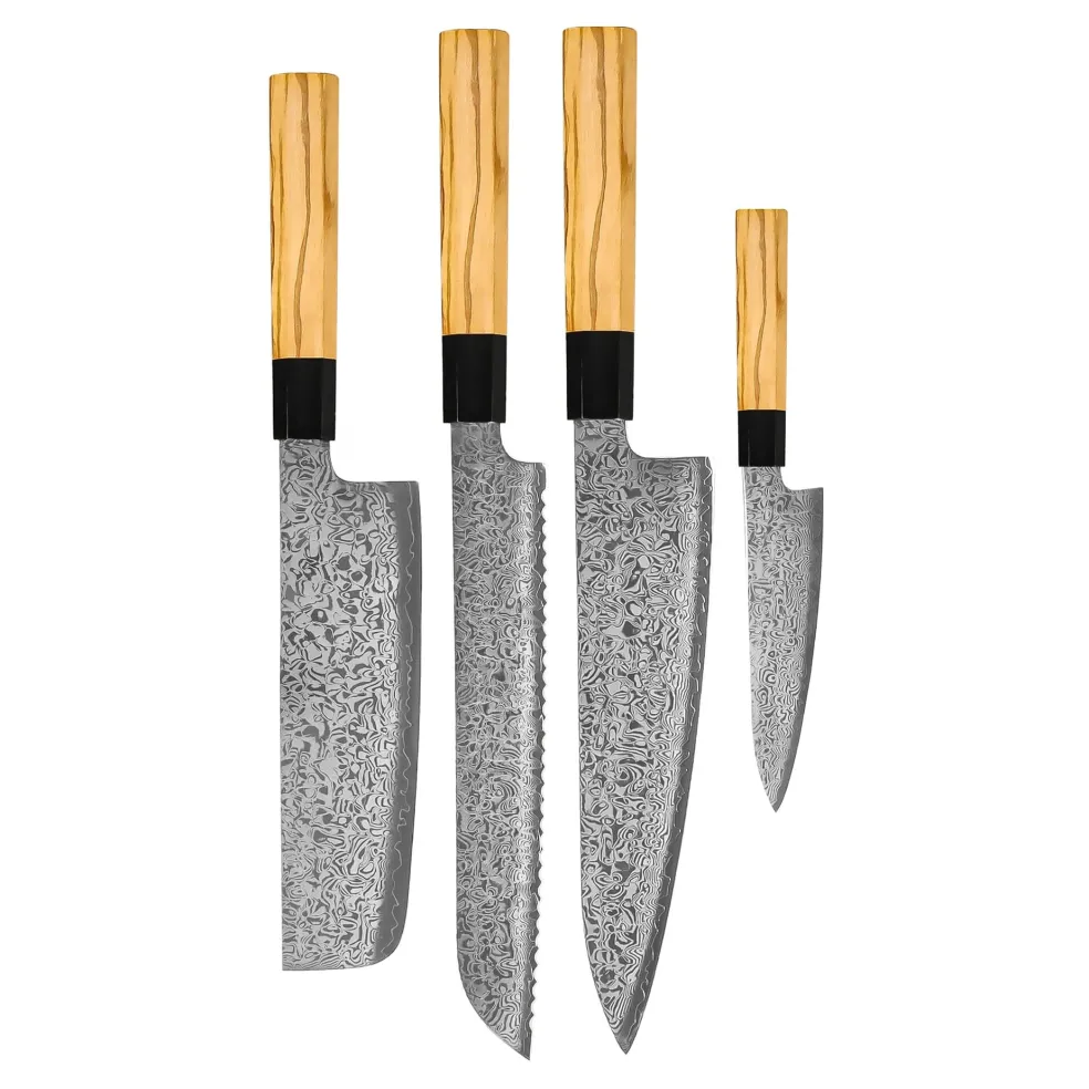 Shinrai Knives - Takumi Kaza 4-delige Damascus Messenset - Koksmes + Broodmes + Nakiri + Schilmes