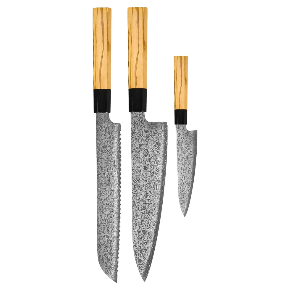 Shinrai Knives - Takumi Kaza 3-delige Damascus Messenset - Koksmes + Broodmes + Schilmes