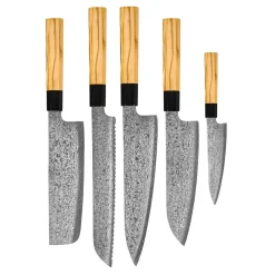 Shinrai Knives - Takumi Kaza 5-delige Damascus Messenset - Koksmes + Broodmes + Nakiri + Santoku + Schilmes