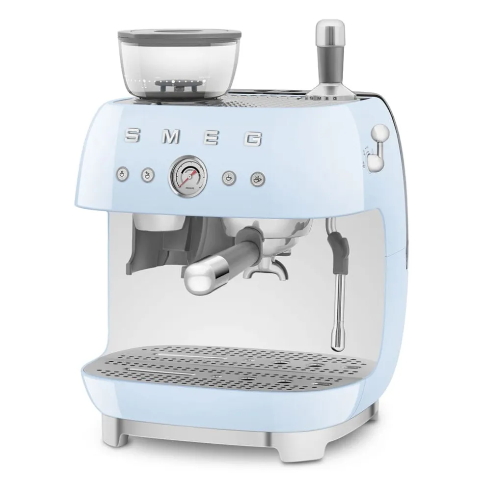 Smeg - Espressomachine | Pastelblauw | Jaren 50 | Handmatige espressomachine met geïntegreerde bonenmaler