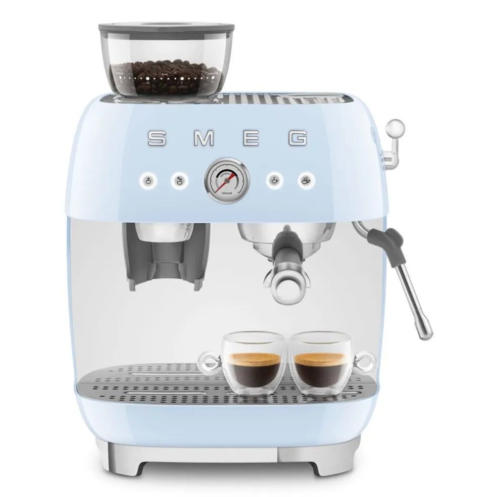 Smeg - Espressomachine | Pastelblauw | Jaren 50 | Handmatige espressomachine met geïntegreerde bonenmaler